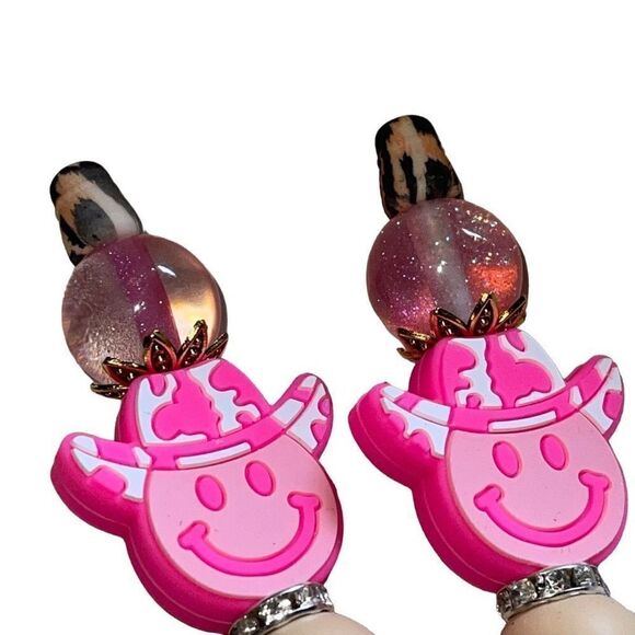 Happy face emoji leopard print cowboy hat beaded pen handmade Galaxy glitter bli - Picture 4 of 7